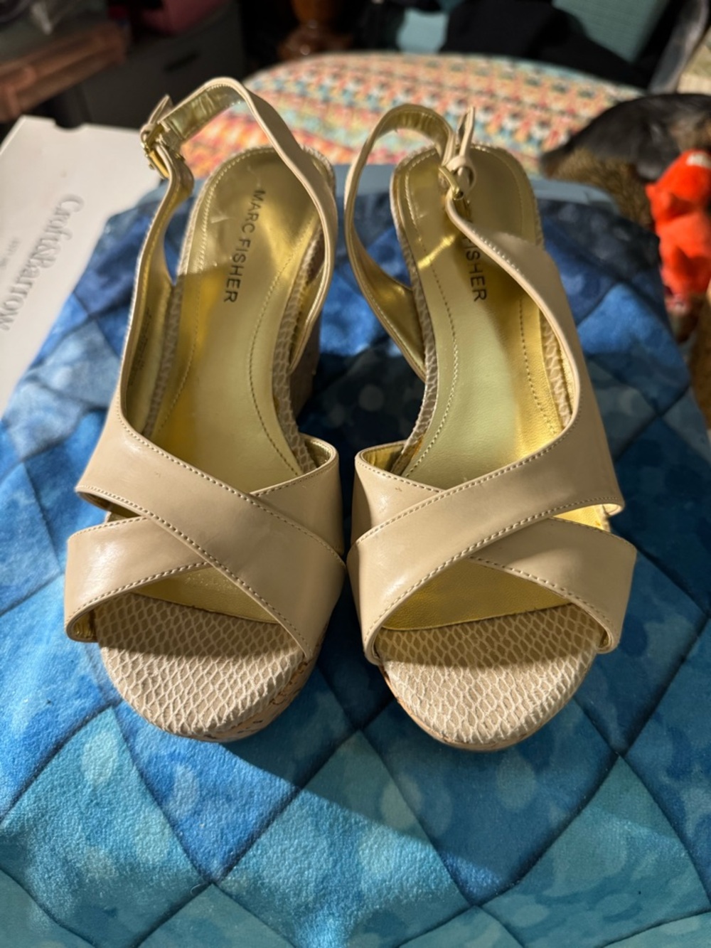 Marc Fisher Beige Cross-Strap Slingback Wedge Sandals